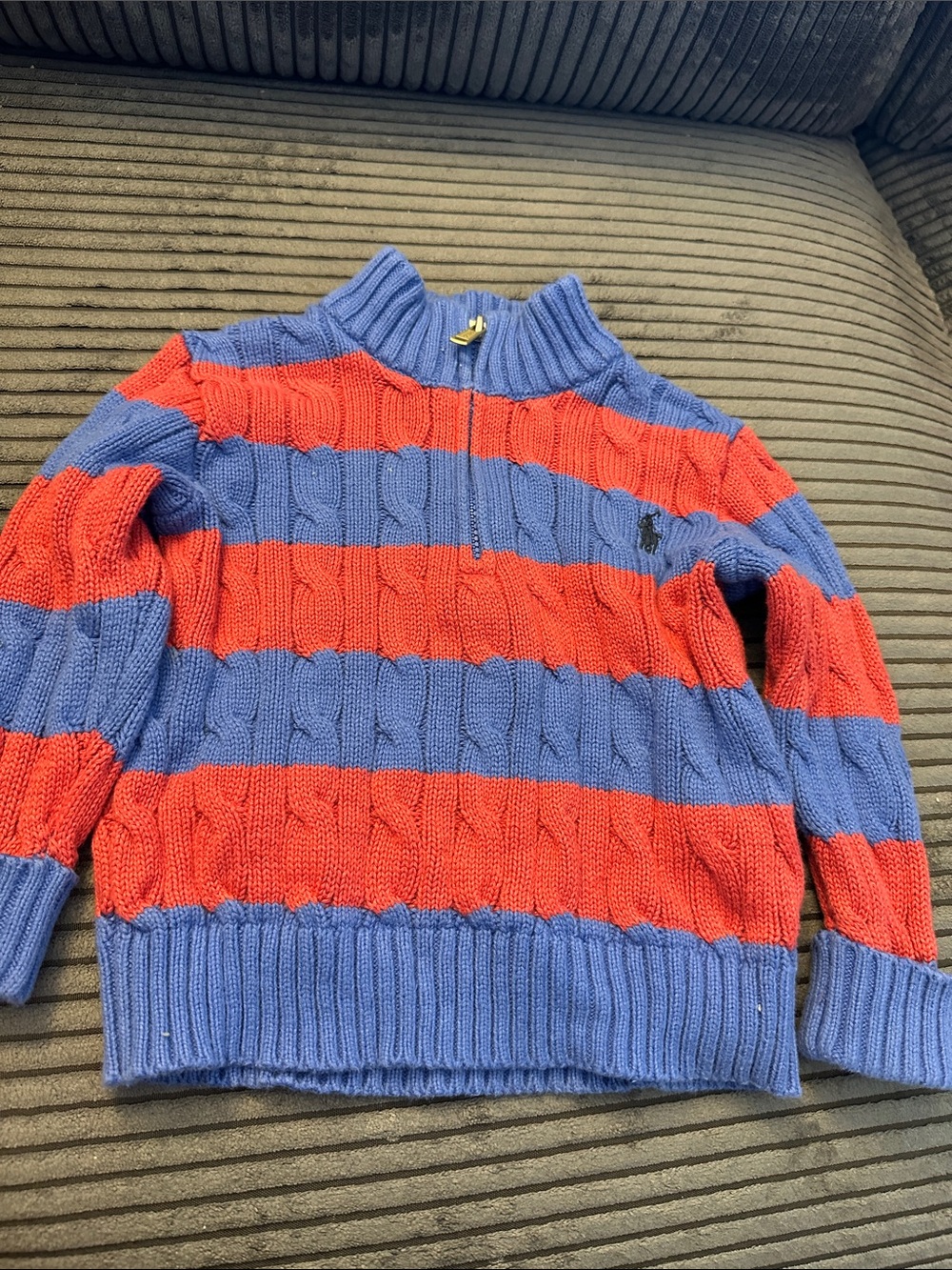Ralph Lauren Blue and Red Striped Cable-Knit Half-Zip Sweater